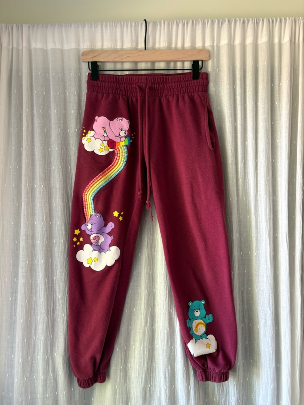Juniors Care Bears Maroon Jogger Sweatpants with Embroidered Rainbow